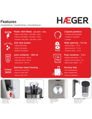 CENTRIFUGADORA SUMO HAEGER MINI JUICER JE-600.002B 600W INOX