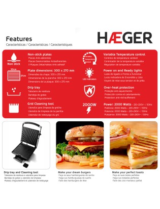 GRELHADOR PLACAS HAEGER NEW BISTRO GR-200.014A 2000W