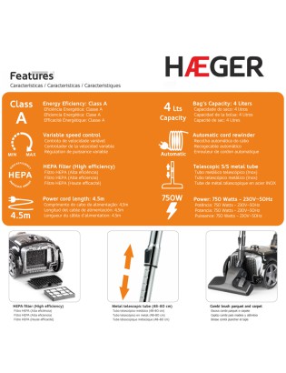 ASPIRADOR HAEGER SUPER SILENT VC-75B.039A C/SACO 750W