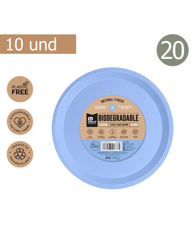 PRATO RASO MAXI 8073 AZUL PASTEL 20,5CM 10UND CARTAO DESCART