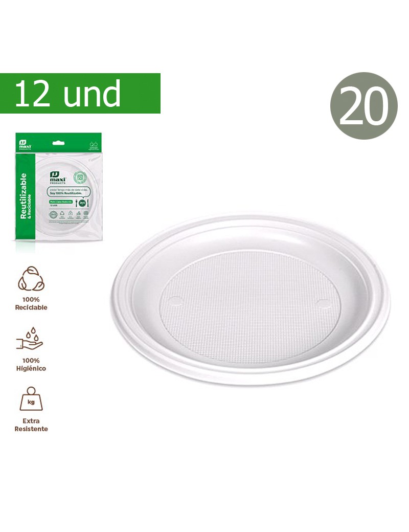PRATO RASO MAXI 1001R BRANCO 12UND 20,5CM PLST REUTILIZAVEL
