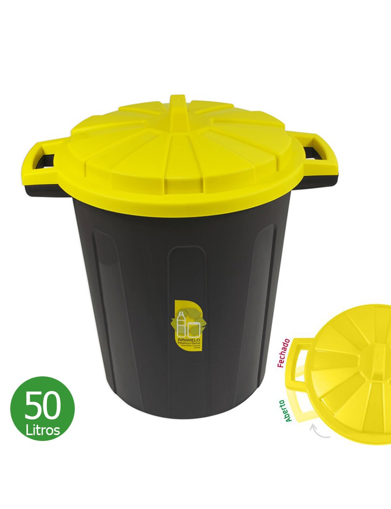 CONTENTOR LIXO 50L PRETO C/TAMPA AMARELA PLST