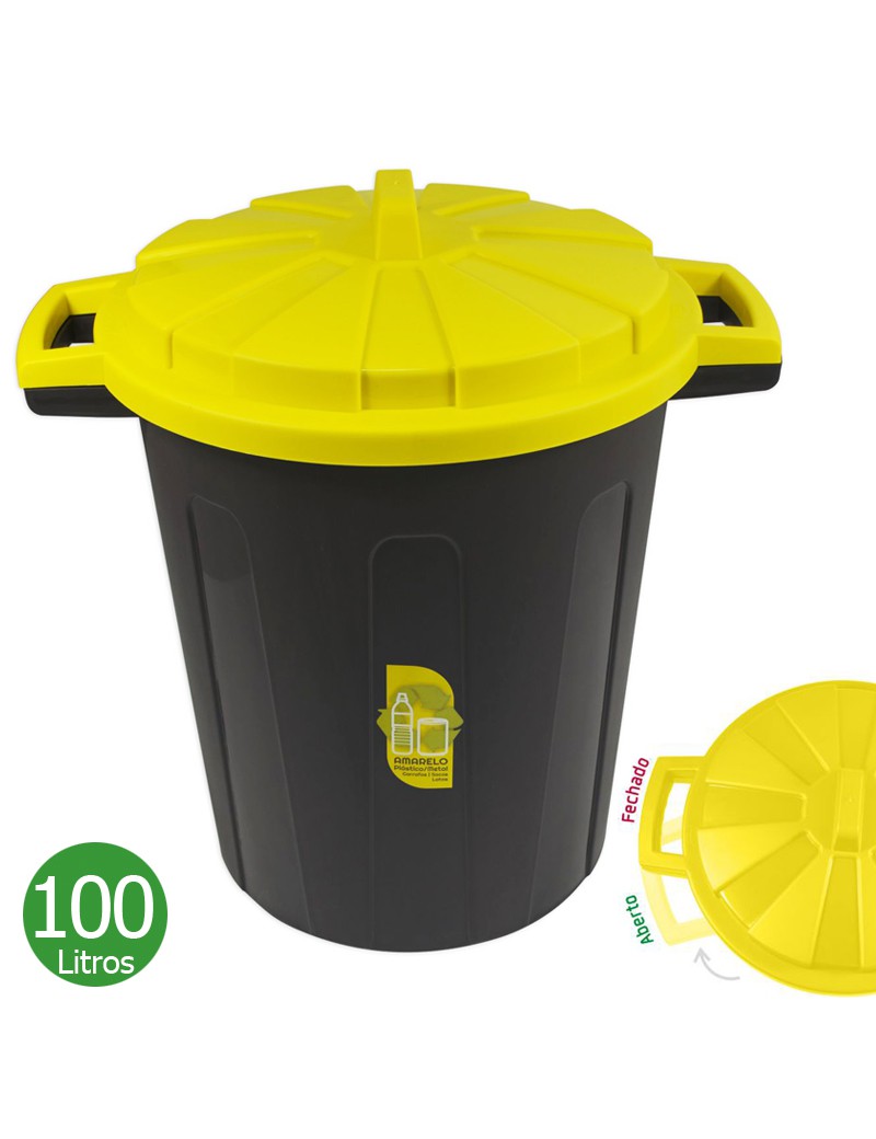 CONTENTOR LIXO 100L PRETO C/TAMPA AMARELA PLST